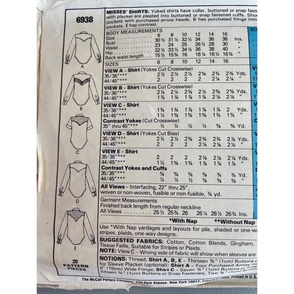 80s McCalls 6938 Misses Western Shirts Sewing Pattern Size 12 Vintage Rodeo CUT - Picture 5 of 7